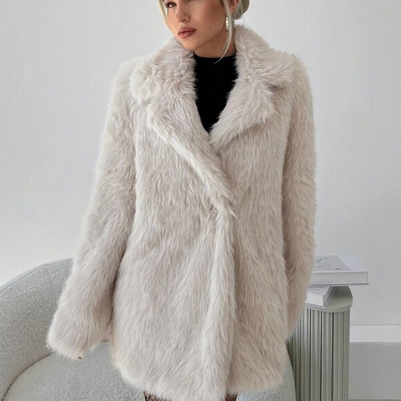 Apricot Casual Women'sLapel Thick Faux Fur Coat With Pockets